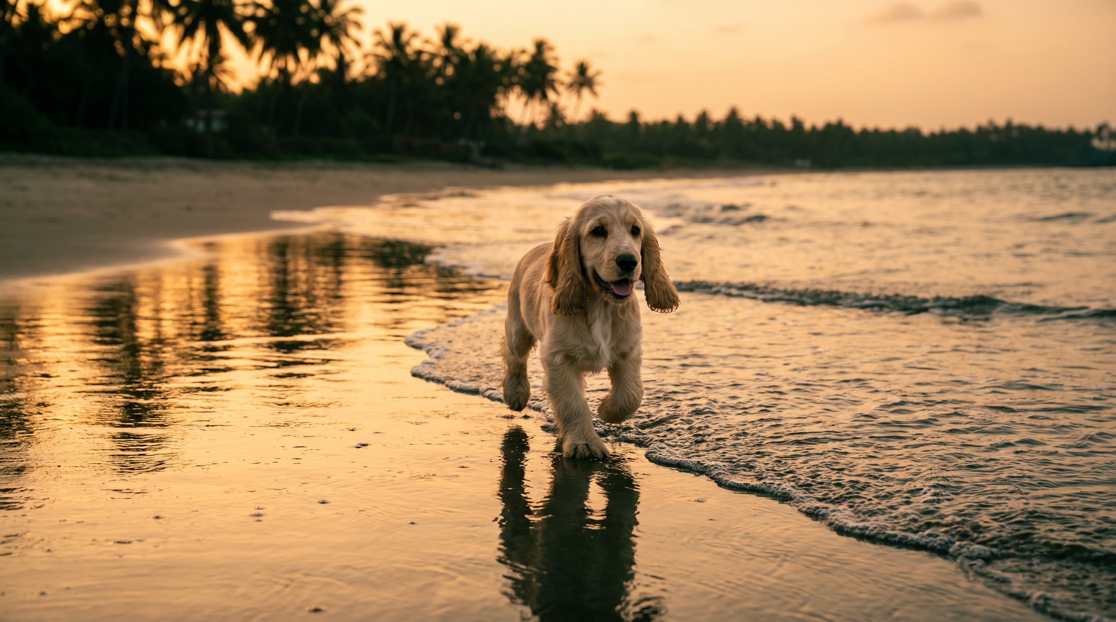 Dog walking along the shoreline at dusk after arrival