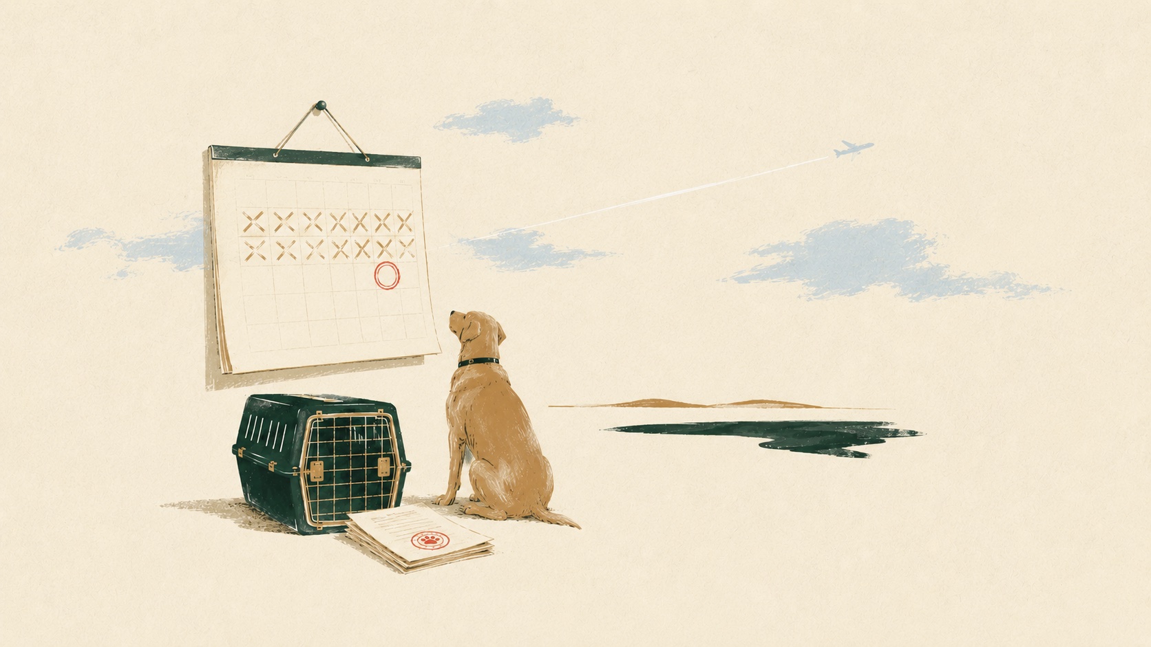 A dog sits between its travel crate and a wall calendar, looking up at a date circled in red; the days before it are crossed off, stamped documents lie on the ground, and a plane trails across the sky.