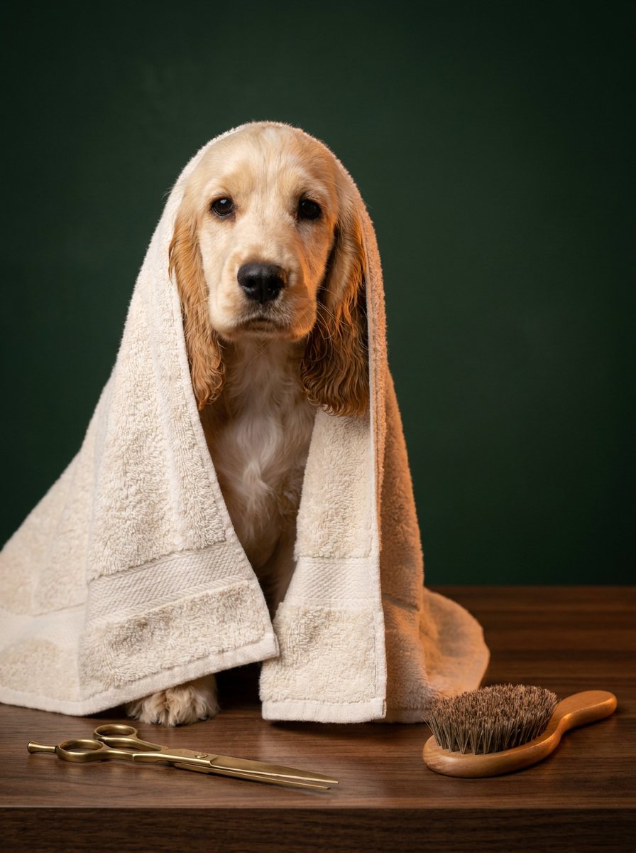 Cocker spaniel wrapped in a towel after grooming