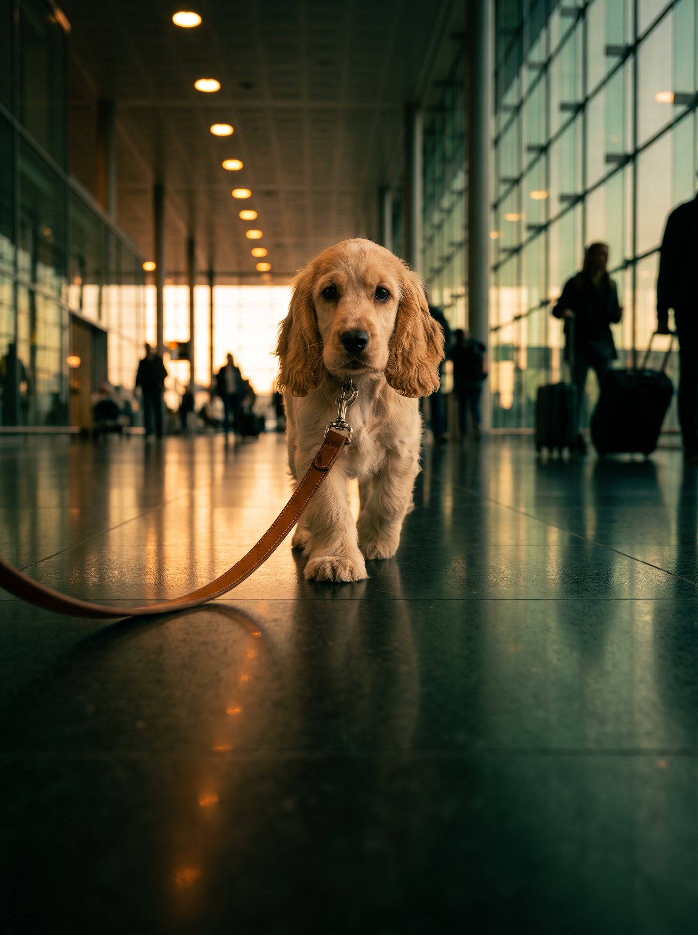 Dog at Miami International Airport before an international flight — Pawsport passenger card